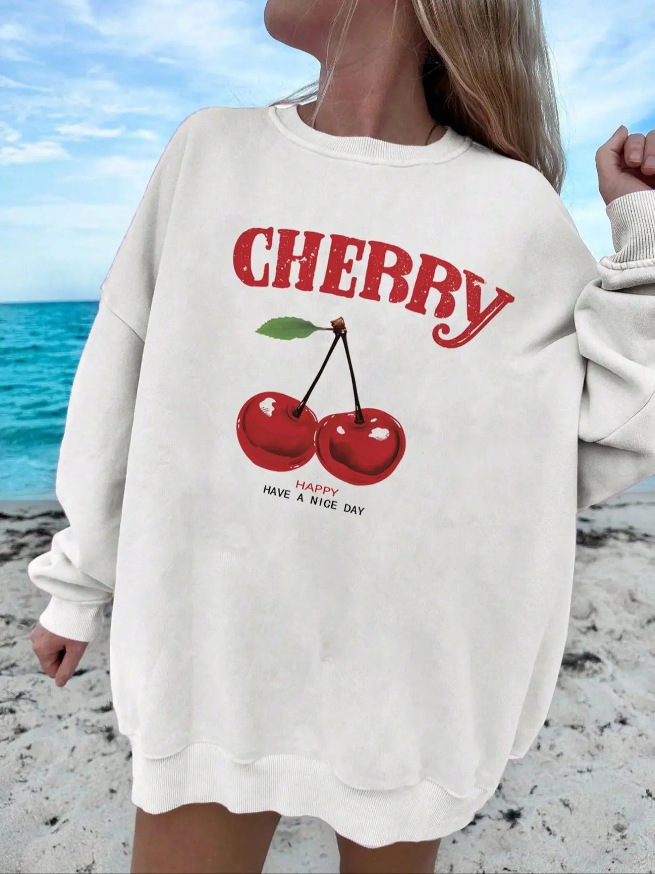Women's Cherry Print Drop Shoulder Sweatshirt, Casual Long Sleeve Round Neck Pullover for Fall & Winter, Ladies Clothes...