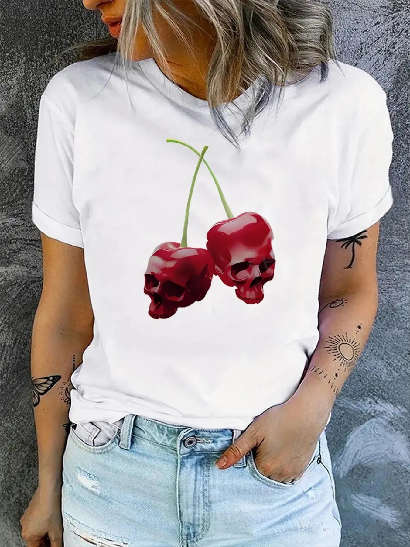 Women's Cherry Print Drop Shoulder Tee, Fashion Casual Skull Print Crew Neck T-Shirt for Daily Holiday Vacation Outdoor...