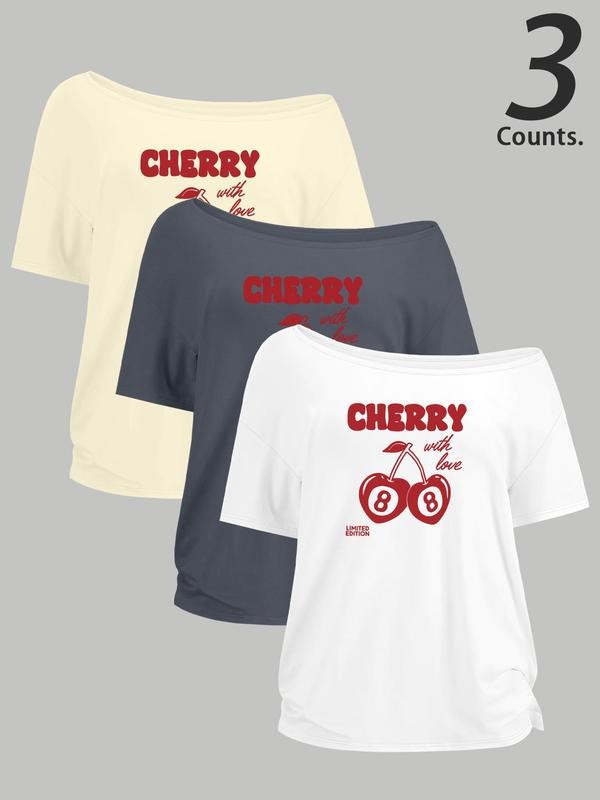 Women's Cherry Print One Shoulder Tee, Casual Fashion T-shirt for Daily Wear, Ladies Clothes for All Seasons, Top Hoodie,...