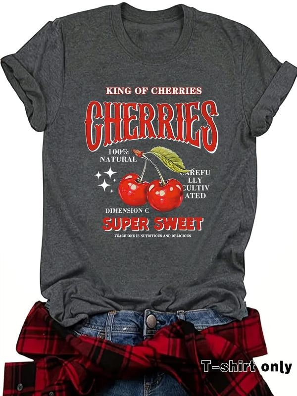 Women's Cherry Print Round Neck Graphic Tee, Vintage Trendy Casual Short Sleeve T-shirt for Daily Wear, Ladies Summer...
