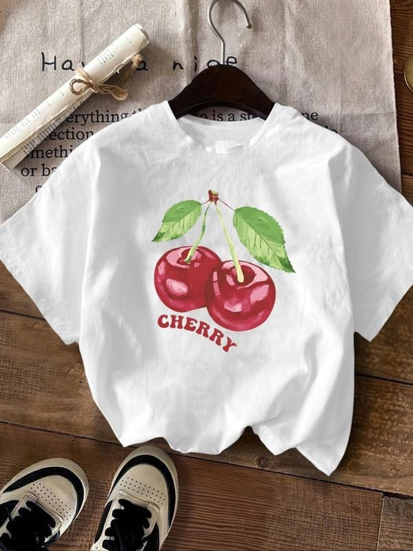 Women's Cherry Print Round Neck Tee, Casual Letter Graphic Short Sleeve T-shirt for Summer, Ladies Clothes for Daily Wear...