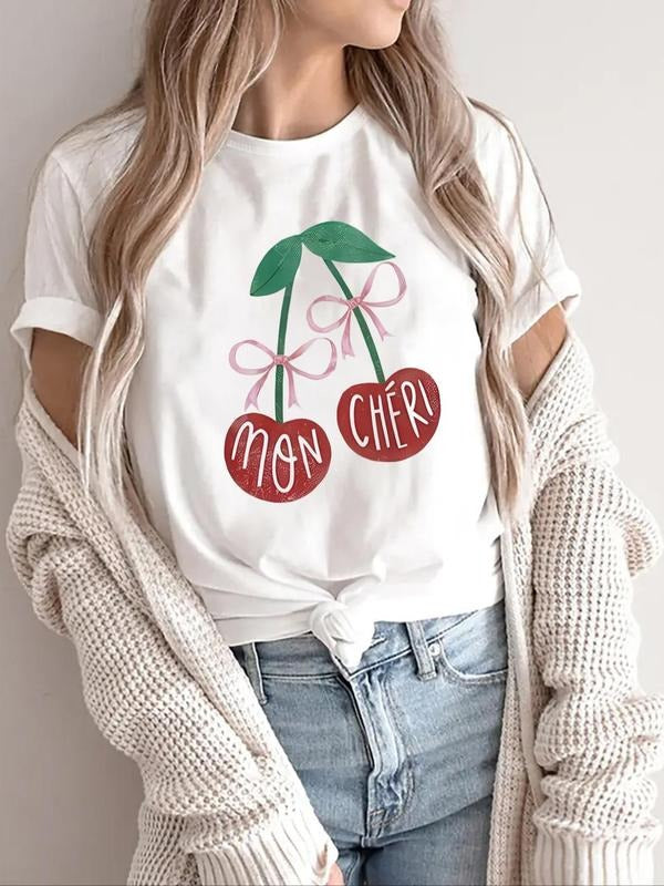 Women's Cherry Print Round Neck Tee, Casual Short Sleeve Crew Neck T-Shirt for Summer, Fashion Women's Top for Daily Wear...