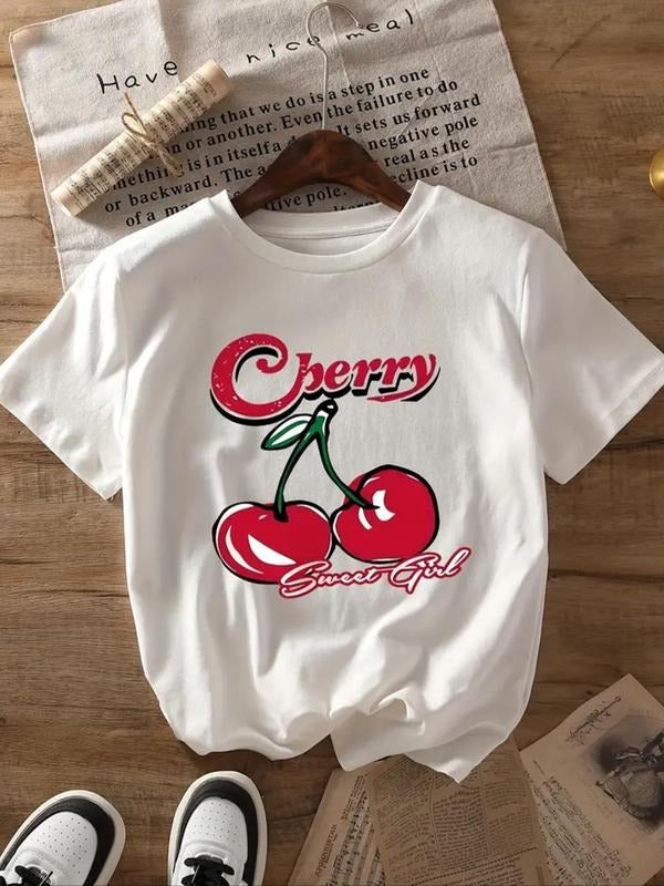 Women's Cherry Print Round Neck Tee, Casual Short Sleeve Crew Neck T-shirt for Summer, Fashion Women's Top for Daily Wear...