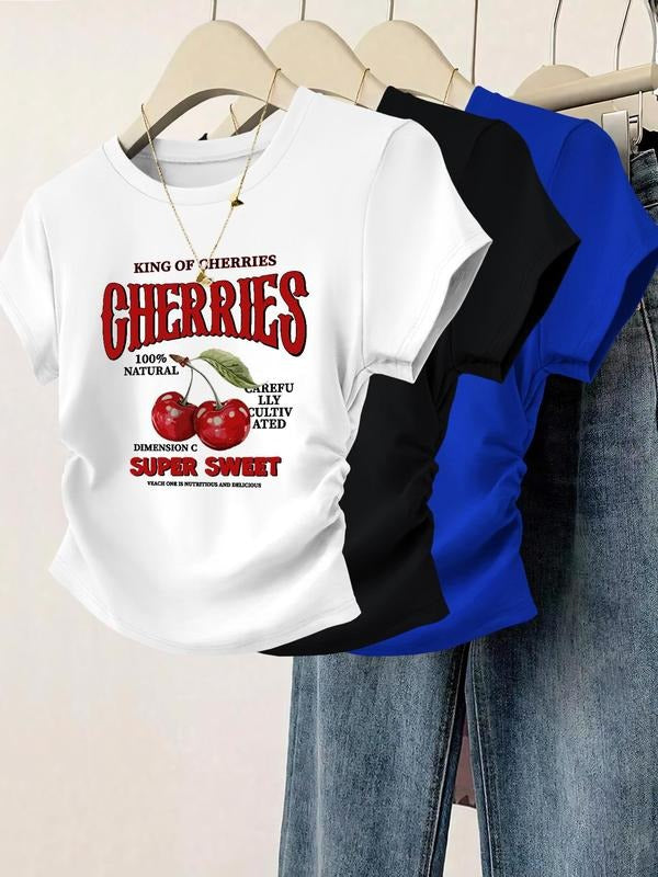 Women's Cherry Print Round Neck Tee, Casual Short Sleeve Crew Neck T-shirt for Summer, Fashion Women's Top for Daily Wear...