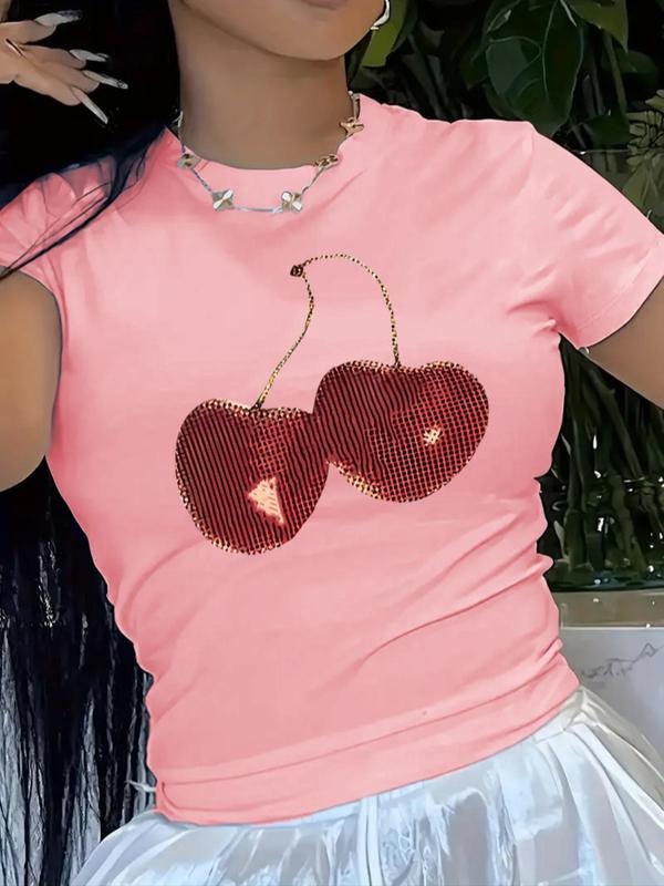 Women's Cherry Print Round Neck Tee, Casual Short Sleeve T-Shirt for Summer, Ladies Clothes for Daily Wear Hoodie, Sweatshirt