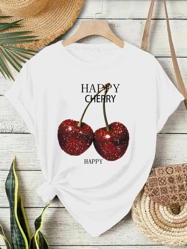 Women's Cherry Print Round Neck Tee, Fashion Casual Crew Neck T-Shirt for Daily Holiday Vacation Outdoor Wear, Ladies...