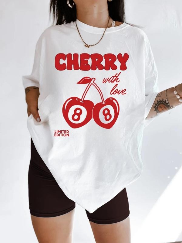 Women's Cherry Print Round Neck Tee, Fashion Casual Crew Neck T-Shirt for Daily Holiday Vacation Outdoor Wear, Ladies...