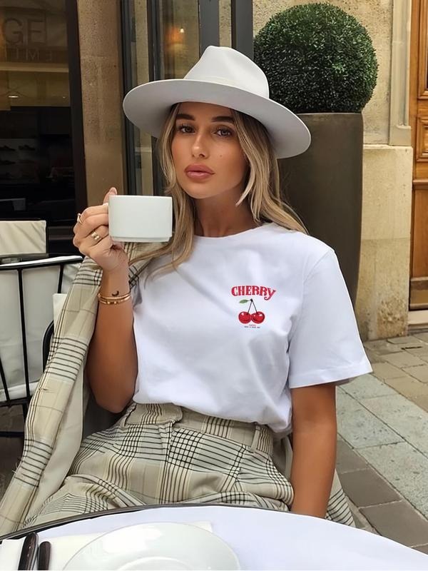 Women's Cherry Print Round Neck Tee, Fashion Casual Crew Neck T-Shirt for Daily Holiday Vacation Outdoor Wear, Ladies...
