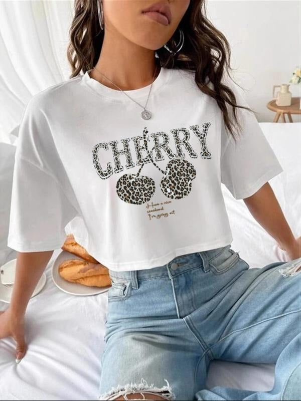 Women's Cherry Print Round Neck Tee, Fashion Casual Crew Neck T-shirt for Daily Holiday Vacation Outdoor Wear, Ladies...