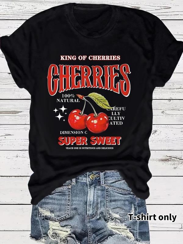 Women's Cherry Print Round Neck Tee, Vintage Trendy Casual Short Sleeve T-shirt for Daily Wear, Ladies Summer, Top...