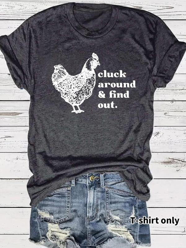 Women's Chicken & Letter Print Round Neck Tee, Casual Short Sleeve Crew Neck T-shirt for Summer, Fashion Women's Top for...