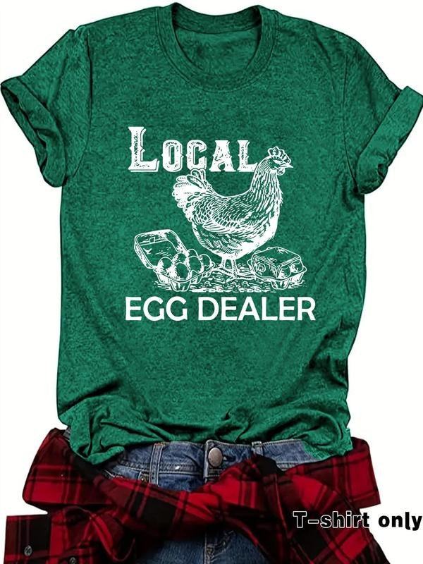 Women's Chicken & Letter Print Round Neck Tee, Casual Short Sleeve Crew Neck T-shirt for Summer, Fashion Women's Top for...
