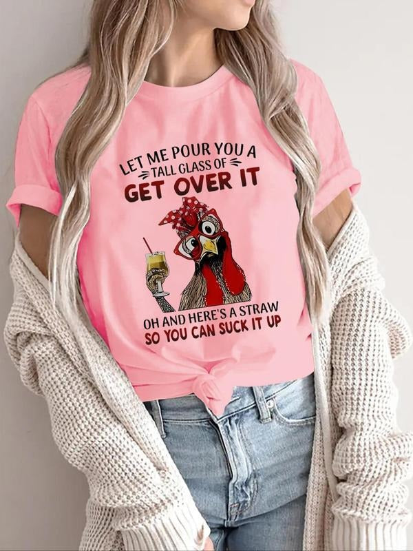 Women's Chicken & Letter Print Round Neck Tee, Vintage Trendy Casual Short Sleeve T-shirt For Daily Wear, Ladies Summer...