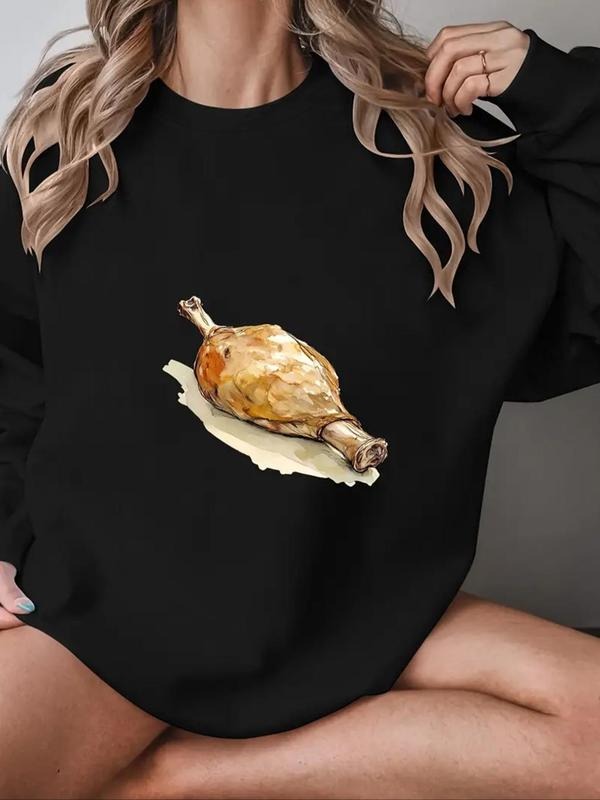 Women's Chicken Leg Graphic Drop Shoulder Sweatshirt, Casual Long Sleeve Round Neck Pullover for Fall & Winter, Women's...