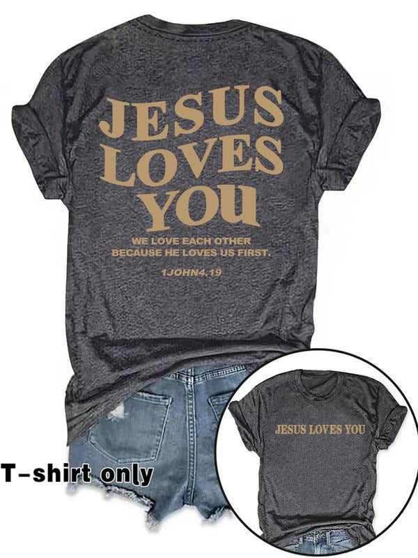 Women's Christian Letter Print Round Neck Tee, Vintage Trendy Casual Short Sleeve T-shirt for Daily Wear, Ladies Summer,...