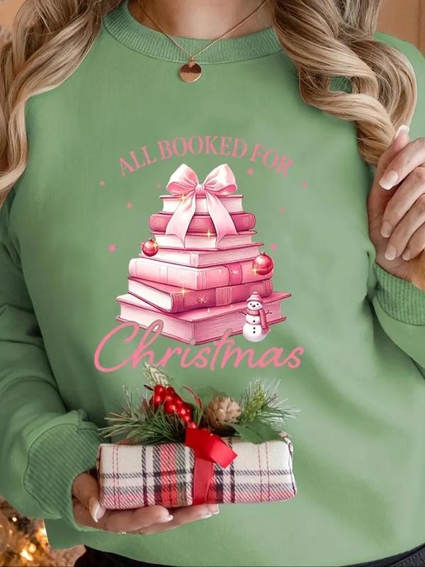 Women's Christmas Book & Gift Print Crew Neck Sweatshirt, Casual Long Sleeve Pullover for Fall & Winter, Women's Clothes...