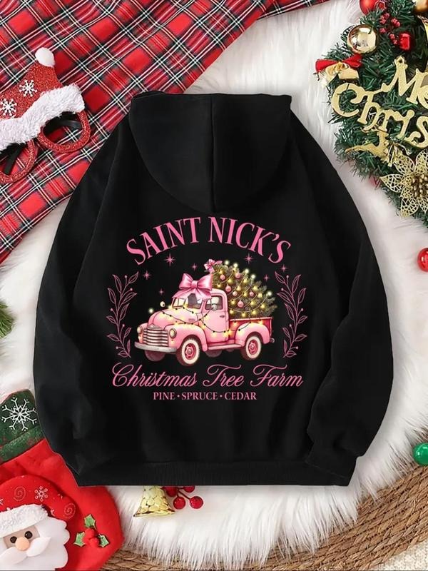 Women's Christmas Car & Letter Print Hoodie, Casual Comfort Basic Long Sleeve Hooded Sweatshirt for Fall & Winter,...