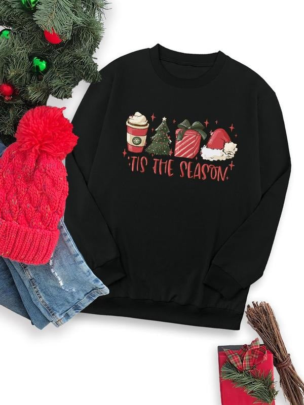 Women's Christmas Cartoon & Letter Print Crew Neck Sweatshirt, Casual Long Sleeve Pullover for Fall & Winter, Women's...