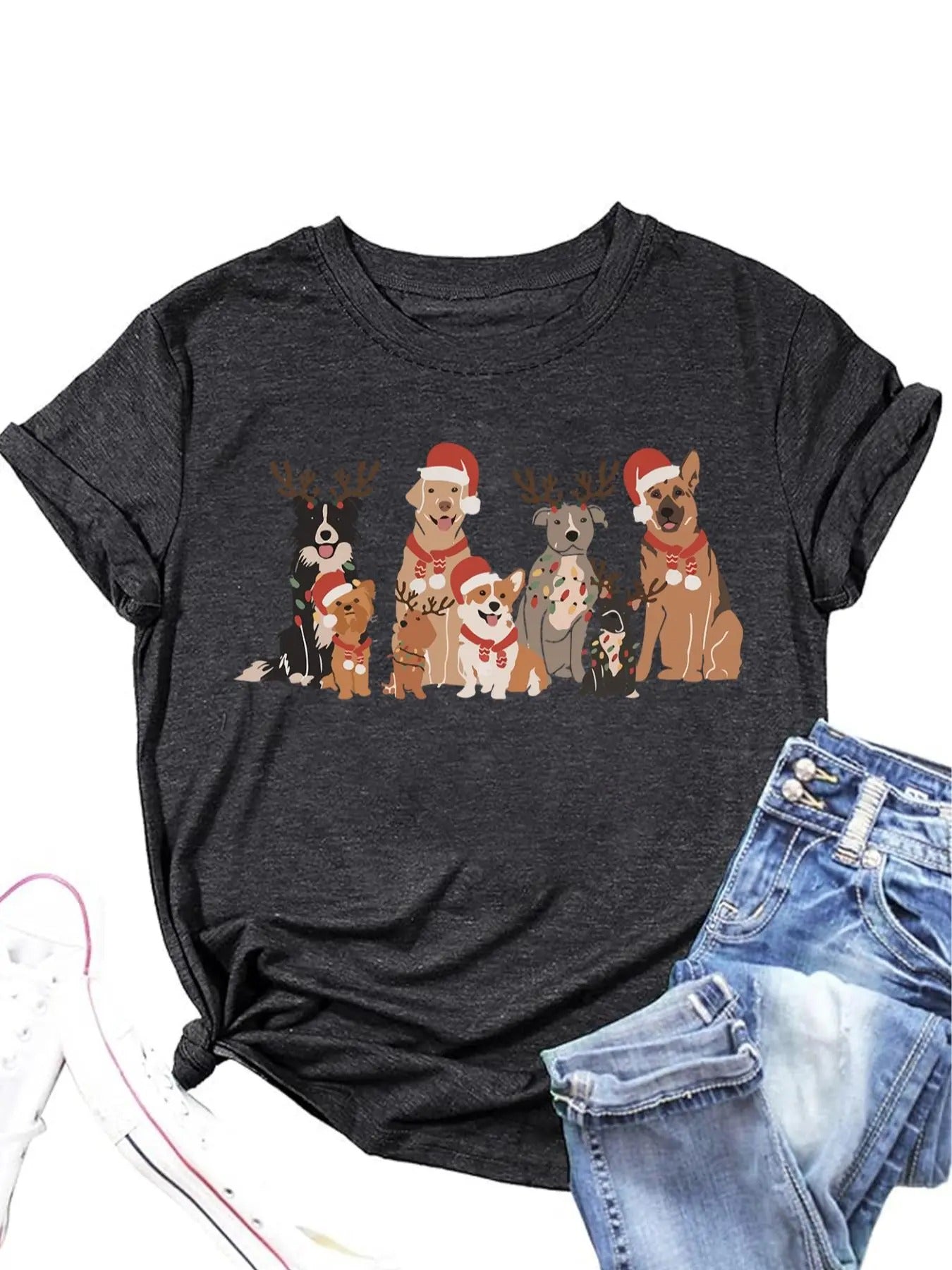 Women's Christmas Cartoon Dog Print Round Neck Tee, Casual Drop Shoulder Short Sleeve T-shirt for Daily Wear, Ladies...