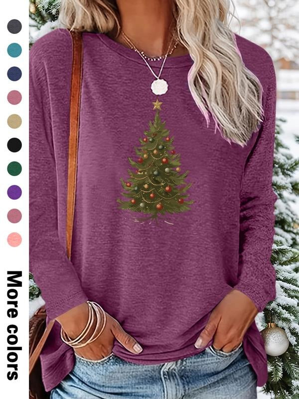 Women's Christmas Cartoon Print Long Sleeve Fitted Casual T-Shirt, Comfortable Fabric, Available in 9 Colors, All Seasons...