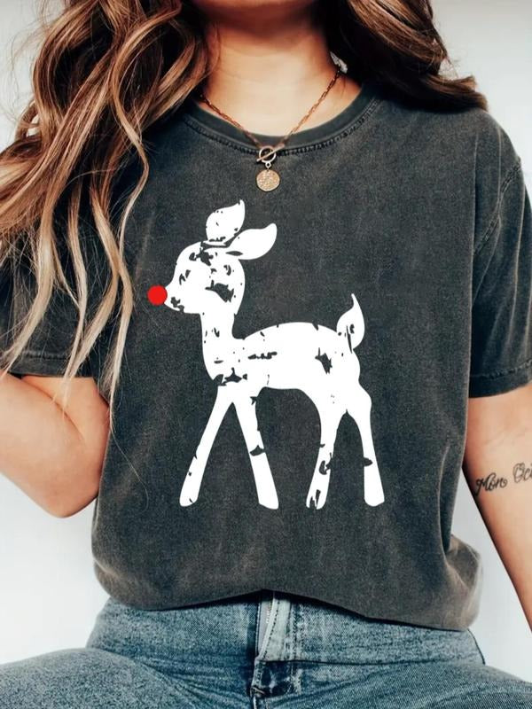 Women's Christmas Cartoon Reindeer Print Round Neck Tee, Casual Short Sleeve Crew Neck T-shirt for Summer, Fashion...