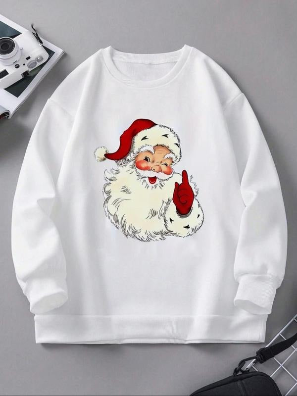 Women's Christmas Cartoon Santa Claus Print Drop Shoulder Sweatshirt, Casual Long Sleeve Round Neck Pullover for Fall &...