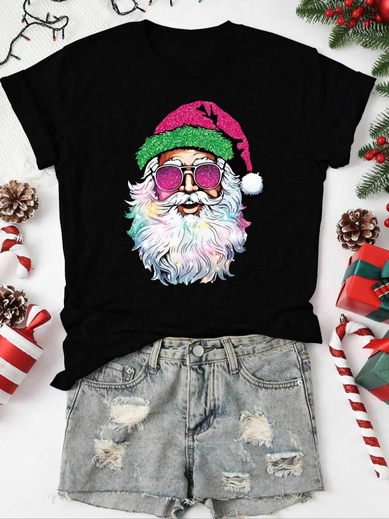 Women's Christmas Cartoon Santa Claus Print Round Neck Graphic Tee, Vintage Trendy Casual Short Sleeve T-shirt for Daily...