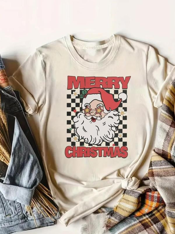 Women's Christmas Cartoon Santa Claus Print Round Neck Tee, Casual Short Sleeve T-shirt for Daily Wear, Ladies Summer...