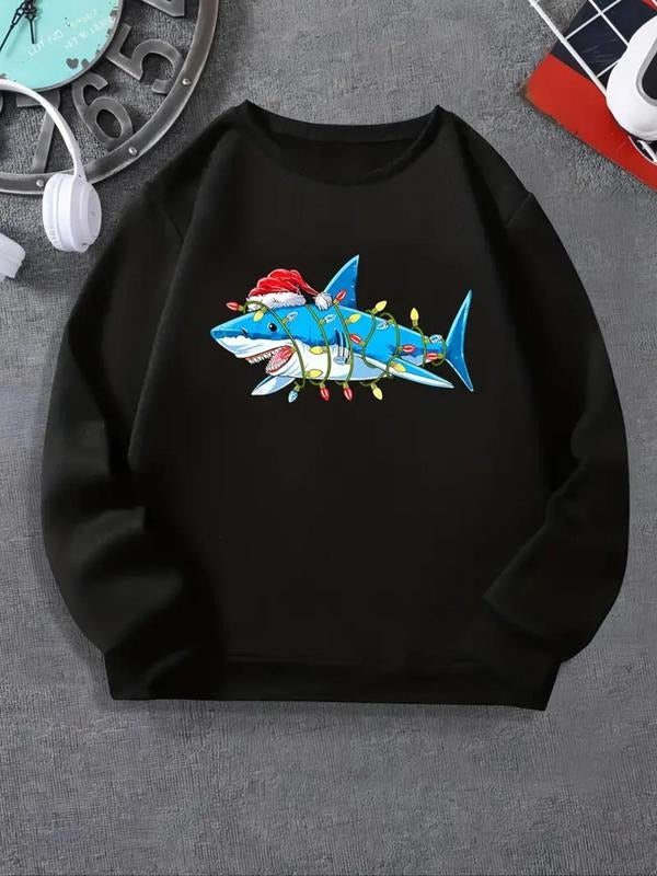 Women's Christmas Cartoon Shark Print Round Neck Thermal Lined Sweatshirt, Casual Long Sleeve Pullover, Women's Fall &...