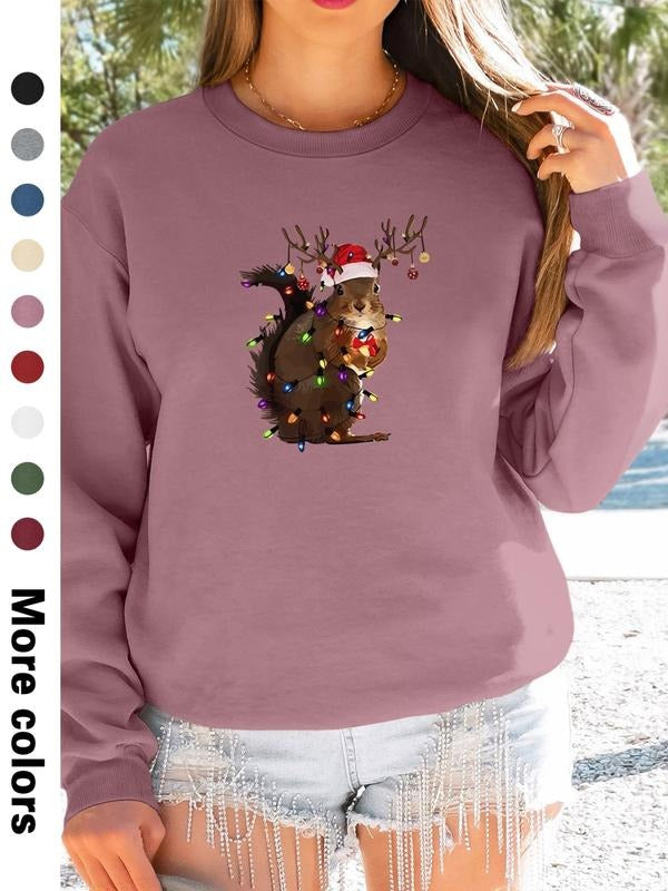Women's Christmas Cartoon Squirrel Print Long Sleeve Round Neck Pullover Sweatshirt, Casual Fitted Style, Spring & Fall...