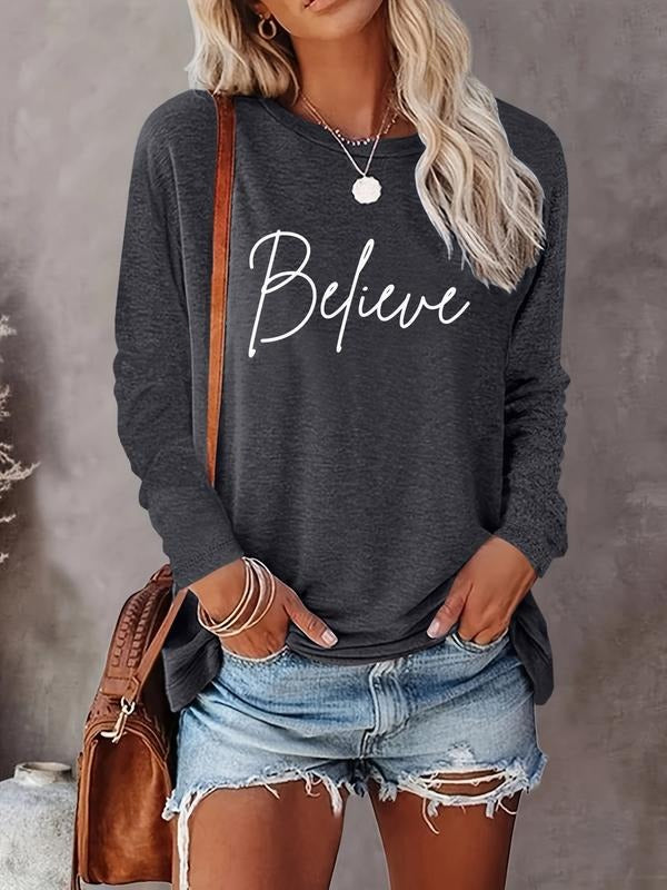 Women's Christmas Casual Letter Print Round Neck Long Sleeve T-Shirt, Comfortable Fabric, Available in 9 Colors, All...