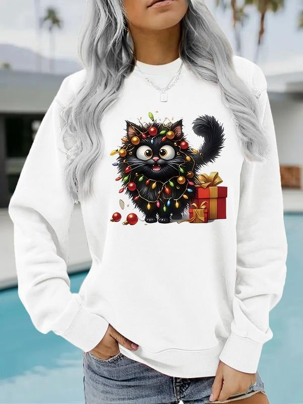 Women's Christmas Cat Print Casual Round Neck Sweatshirt, Soft Pullover, Fall & Winter Essential, Fitted Comfort Fabric...