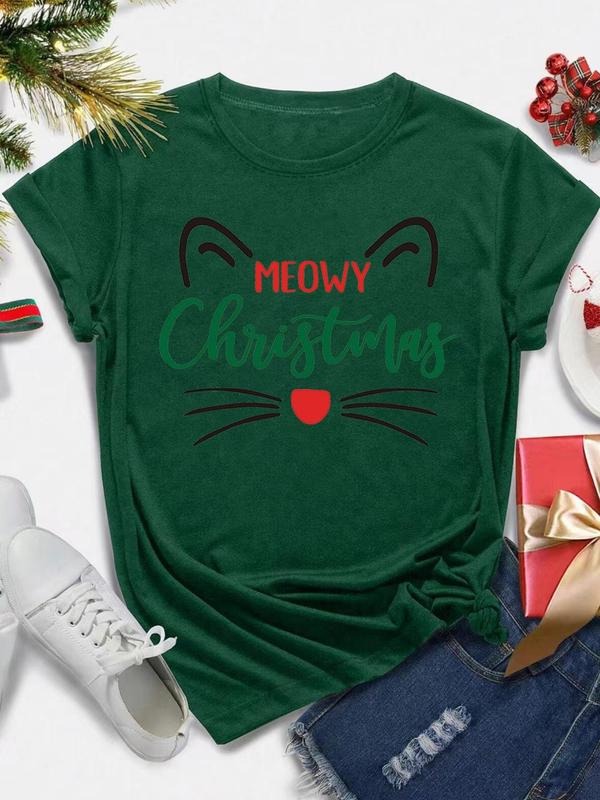 Women's Christmas Cat Print Round Neck Tee, Casual Short Sleeve Crew Neck T-Shirt for Summer, Fashion Women's Top for...