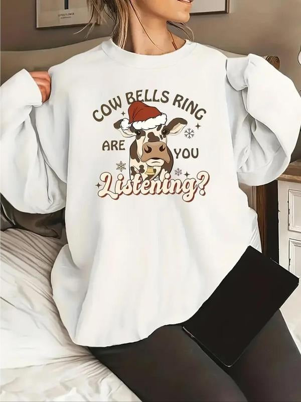 Women's Christmas Cow & Letter Print Drop Shoulder Sweatshirt, Casual Long Sleeve Round Neck Pullover for Fall & Winter,...
