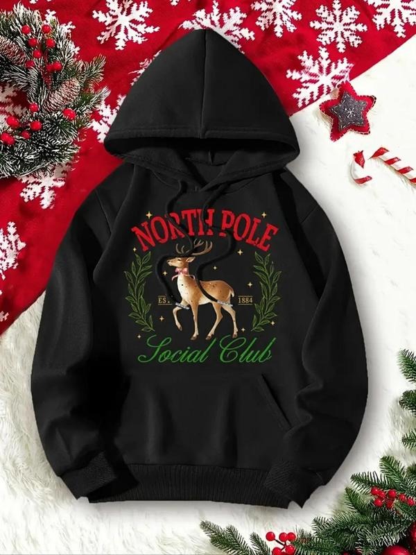 Women's Christmas Deer & Letter Print Thermal Lined Hoodie, Casual Long Sleeve Pullover Hooded Sweatshirt for Fall &...