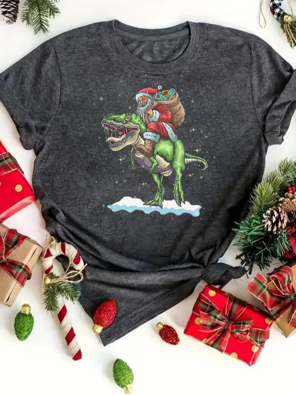 Women's Christmas Dinosaur Print Round Neck Tee, Casual Short Sleeve Crew Neck T-shirt for All Seasons, Fashion Women's...