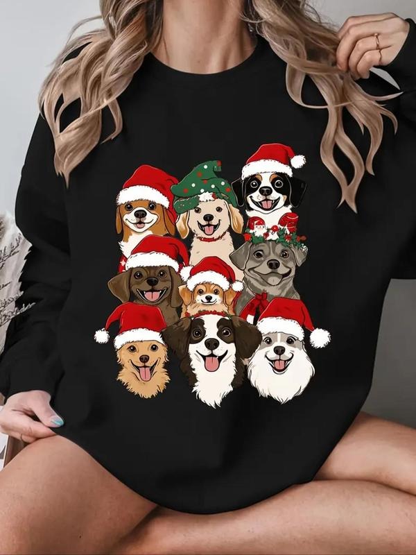 Women's Christmas Dog Print Crew Neck Sweatshirt, Casual Long Sleeve Pullover For Fall & Winter, Women's Clothes For...