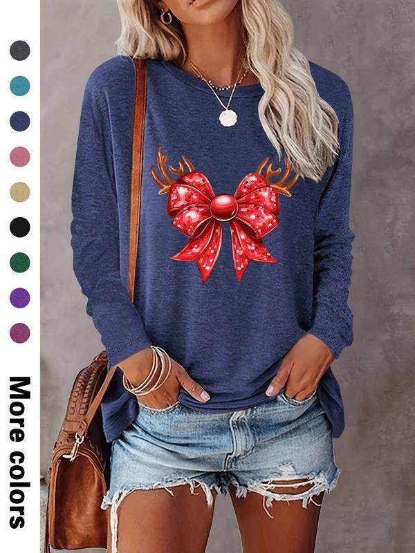 Women's Christmas Fashion Casual Bow Print Long Sleeve T-Shirt, Comfortable Fabric, Available in 9 Colors, All Seasons...
