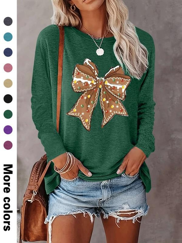 Women's Christmas Fashion Casual Bow Print Long Sleeve T-Shirt, Comfortable Fabric, Available in 9 Colors, Cartoon...