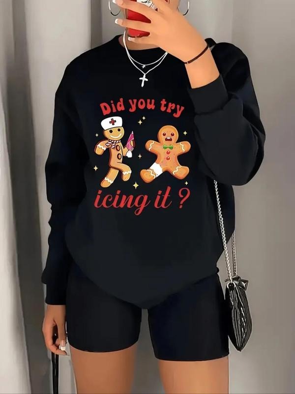 Women's Christmas Gingerbread Man Print Drop Shoulder Sweatshirt, Casual Letter Print Long Sleeve Round Neck Pullover for...
