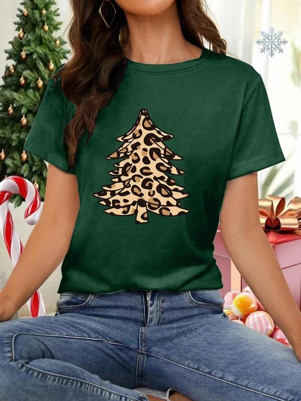 Women's Christmas Leopard Tree Print Round Neck Tee, Casual Short Sleeve Crew Neck T-shirt for All Seasons, Fashion...