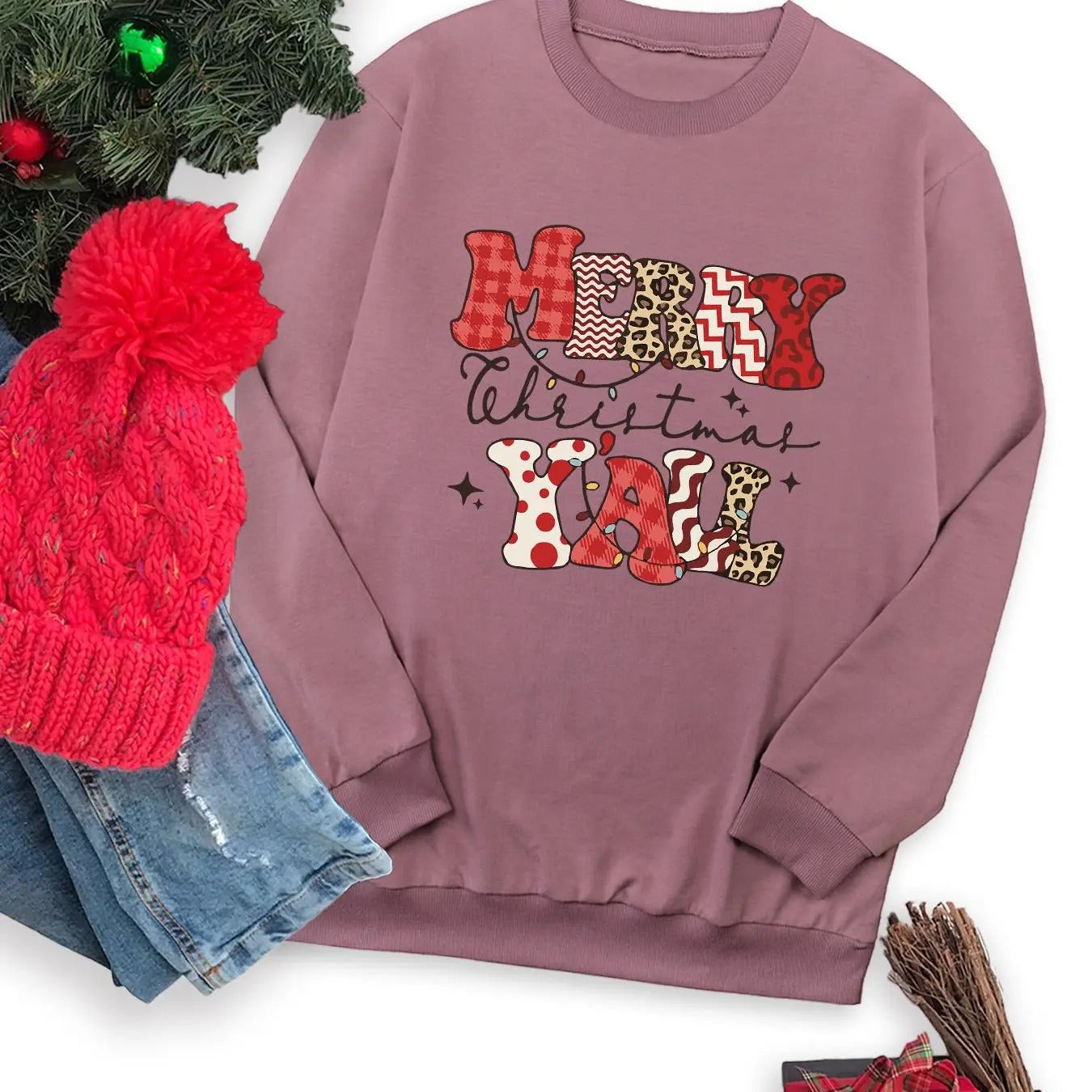 Women's Christmas Letter Graphic Drop Shoulder Sweatshirt, Casual Long Sleeve Round Neck Pullover for Fall & Winter,...