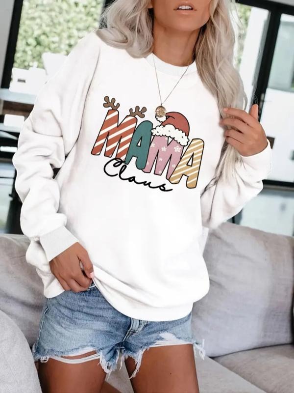 Women's Christmas Letter Mama Print Sweatshirt, Graduation Long Sleeve Top, Back-To-School, Teacher Clothing, Fall Casual...