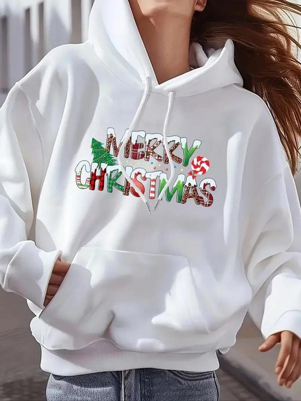 Women's Christmas Letter Print Drawstring Hoodie, Casual Long Sleeve Hooded Sweatshirt for Daily Holiday Outdoor Wear,...