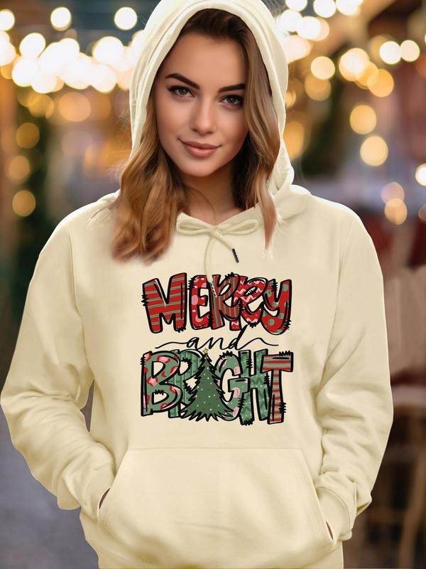 Women's Christmas Letter Print Drawstring Pocket Hoodie, Casual Long Sleeve Hooded Sweatshirt for Fall & Winter, Women's...