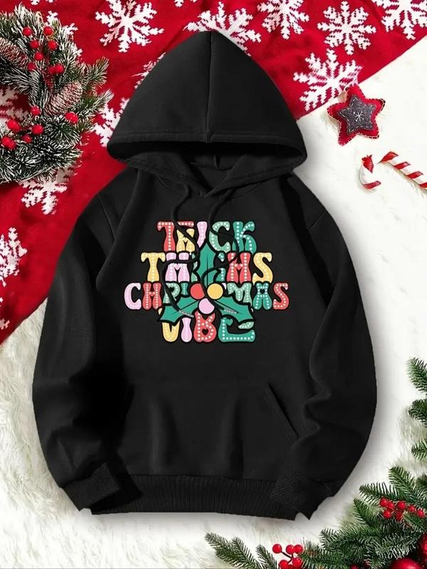 Women's Christmas Letter Print Drop Shoulder Drawstring Hoodie, Fashion Casual Pocket Hooded Sweatshirt for Daily Holiday...