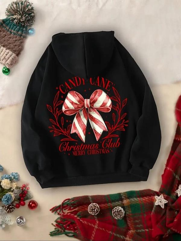 Women's Christmas Letter Print Drop Shoulder Hoodie, Fashion Casual Drawstring Pocket Hooded Sweatshirt for Daily Holiday...