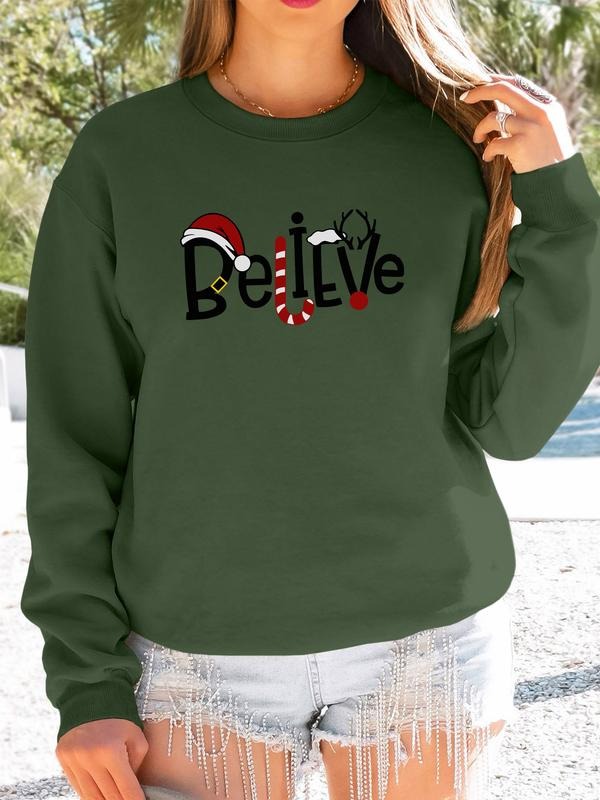 Women's Christmas Letter Print Long Sleeve Round Neck Pullover Sweatshirt, Casual Fitted Design, Available in 6 Colors...