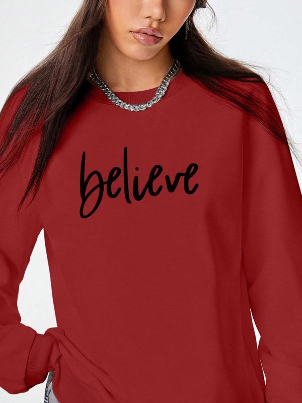 Women's Christmas Letter Print Long Sleeve Round Neck Pullover Sweatshirt, Casual Fitted H-Type Design, Available in 9...