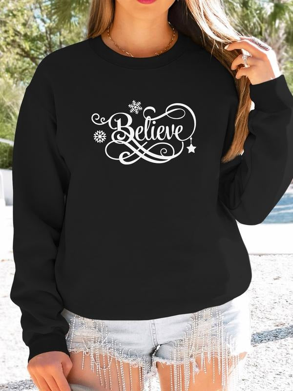 Women's Christmas Letter Print Long Sleeve Round Neck Pullover Sweatshirt, Casual Fitted H-Type Design, Available in 9...